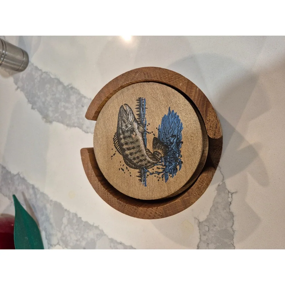 Vintage Coasters Set of‎ 4 with wooden Holder Bass Fish Design